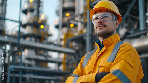 Refinery worker wearing uniform, protective eyeglasses and hard hat standing in front of the oil factory