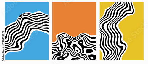 Set of vertical abstract posters with wavy stripes and liquid. Optical illusion backgrounds. Fluid stipes at. Swiss design