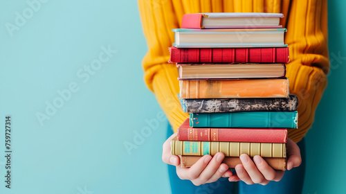 Woman hands holding pile of books over light blue background. Education, library, science, knowledge, studies, book swap, hobby, relax time