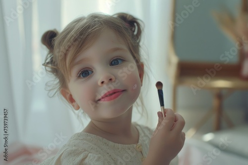 a little smiling girl holds an eyeshadow brush in her hand. The lips are not carefully made up in a childish way with pink lipstick. the girl wants to wear makeup like her mother.