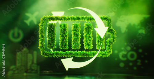 The concept of sustainable energy storage in the form of a battery symbol covered with leaves on a lush green background. 3d rendering.