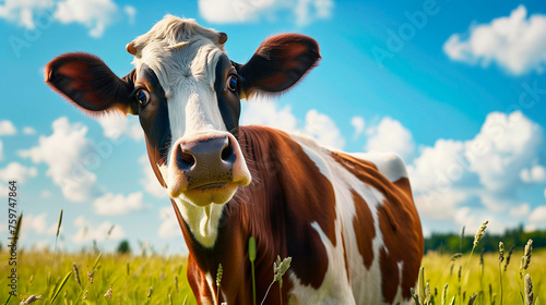 Funny surprised cow in meadow