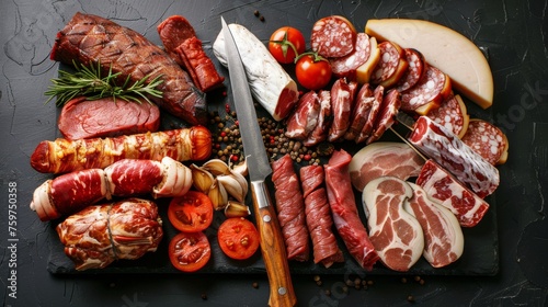 Assortment of various types of meat arranged on black surface with knife in middle
