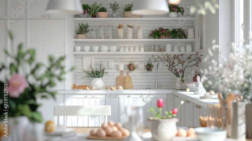 a white kitchen adorned with spring and Easter decor, the airy and bright ambiance with touches of pastel hues, floral motifs, and festive ornaments to create a cheerful atmosphere.