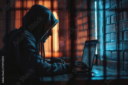 A man is sitting in front of a laptop computer in a dark room. Prisoner hacker in prison