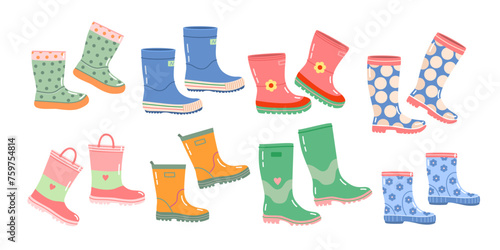 Set of rubber children's, adult women's, men's shoes with insulation of different models, shapes and colors. Cute vector rubber high and low garden boots on white isolated background in flat style.