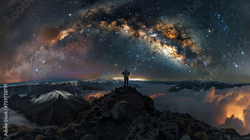 Fotografia de paisagens estelares de alta definição. viajante solitário no topo Fotografado com uma lente grande angular