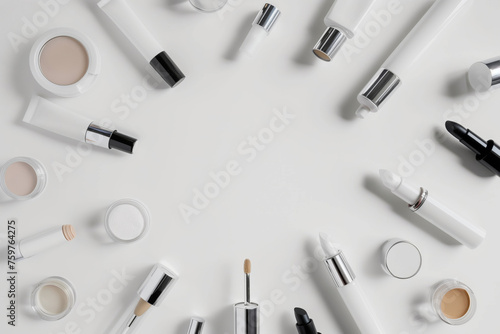 Flat lay of various makeup items neatly organized on a white background