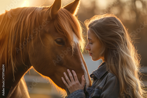 A person participating in equine-assisted therapy to build trust and confidence.A blond woman lovingly strokes the sorrel horses face, making it smile with joy on a sunny morning in a farm
