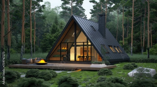 an A-frame house among a coniferous forest so that their foliage frames the structure and creates a seamless integration with the surrounding environment. Complex details like A's house.