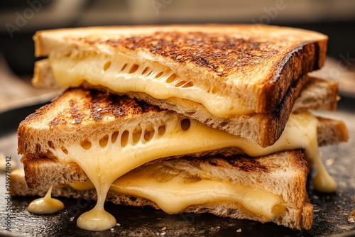 Golden grilled cheese sandwich oozing with melted cheese, close up