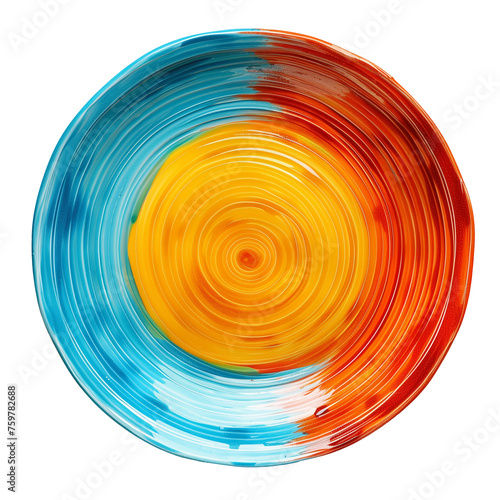 ceramic/ porcelain colorful plata clipart on transparent background, blue, red and orange/ yellow handmade pottery, seen from above