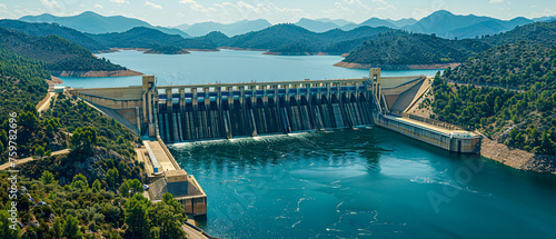 Majestic Hydroelectric Dam in a Mountainous Landscape, Blue Waters and Engineering Marvel Amidst Nature