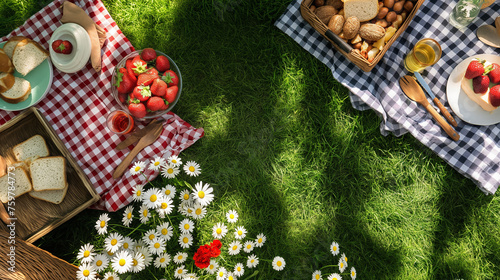A DIY Memorial Day picnic setting in the backyard with handmade decorations and a spread of picnic foods, Memorial Day, with copy space