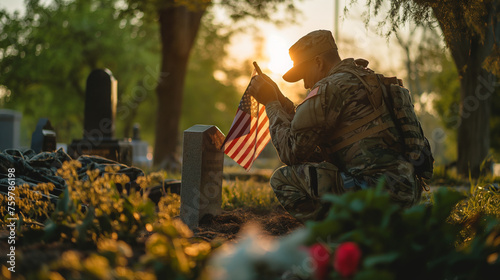 A silent moment as a veteran kneels before a grave, placing a flag and saluting, a personal tribute on Memorial Day, with copy space