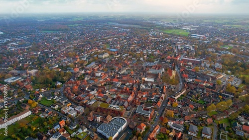 Aerial of the old town in the city Dülmen on an overcast day in autumn in Germany. 