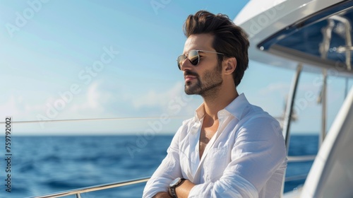 A man in elegant casual clothes and sunglasses on the deck of a yacht, meticulous designer style. The concept of a business and successful man who relaxes on a business trip.