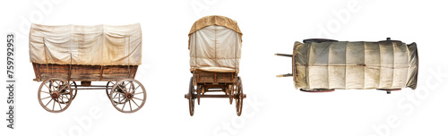 Covered wagon. Pioneer wagon from the 18th and 19th century. Various angles. Side angle, front angle and top angle. Isolated transparent PNG. Conestoga wagon. western expansion of the United States.