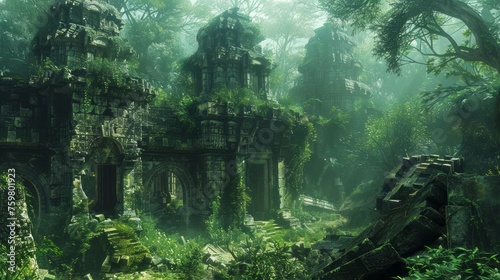 Enchanted Forest Ruins, Ancient Temple Among Overgrown Jungle Trees, Fantasy Landscape Concept Art