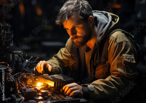 Man works with soldering iron.