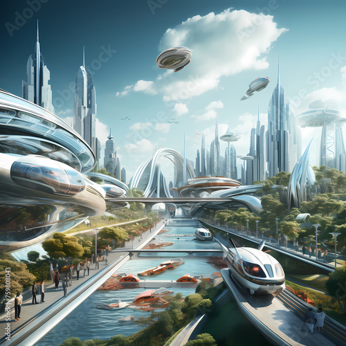 Collage of different transportation modes in a futuristic city
