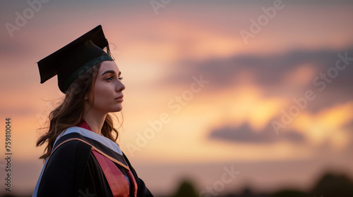 Contemplative Young Female Graduate in Cap and Gown at Sunset, looking towards the horizon with Copy Space