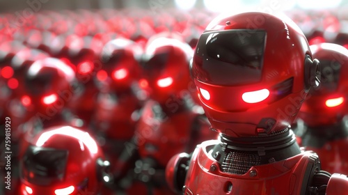 An army of red robots with glowing eyes in a unified formation, suggesting an imminent collective action.