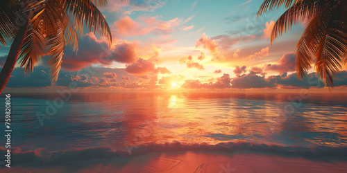 Beautiful sunset over the sea with palm trees - Ai generated