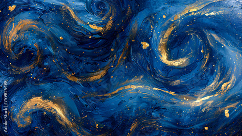 Artistic Textured Background, Abstract Marble Wave Pattern with Blue and Gold Accents
