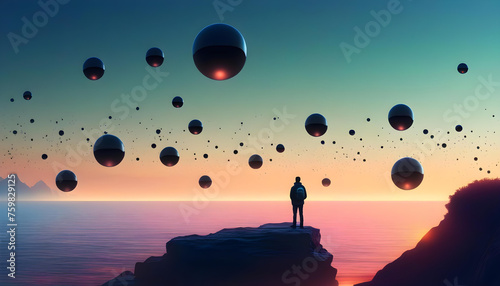 A digital art piece featuring a person standing on a cliff and black floating spheres in the sky.