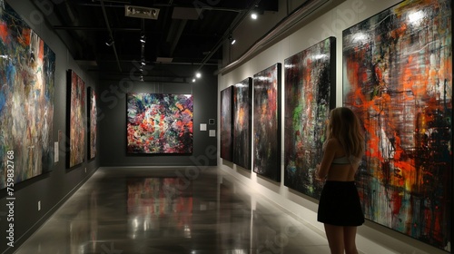 A modern art gallery, a smiling model girl appreciating abstract paintings.