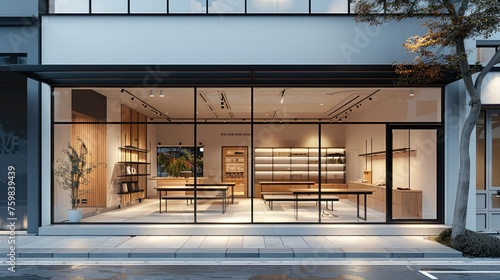 Storefront with white walls and black metal accents, glass windows showing the interior of the store, minimalist wood furniture in front of the building. Generative AI.