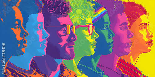 Vintage Inspired 1970s Pop Art Illustration Celebrating Pride Day and LGBT Community Diversity