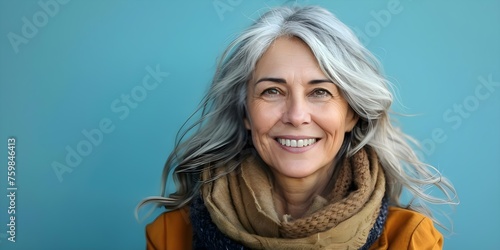 Happy senior woman with grey hair and white teeth on blue background. Concept Happy Senior Woman, Grey Hair, White Teeth, Blue Background, Smiling Portrait