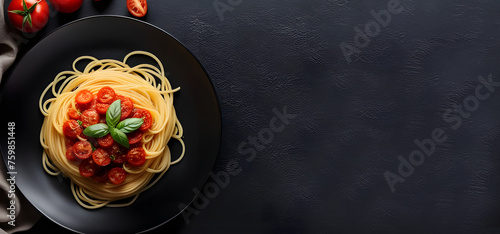 italian food. spaghetti pasta in black plate on dark background. top view.