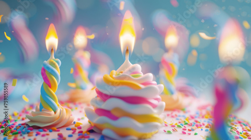 A single lit candle stands among unlit twisted candles on a colorful frosted cake with sprinkles.