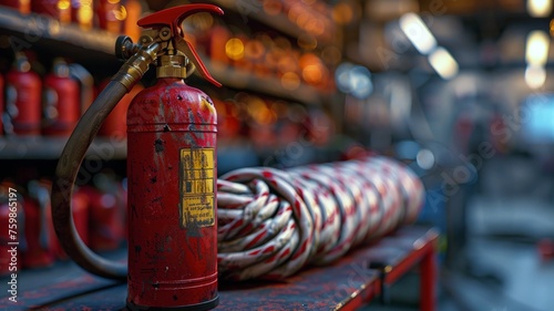 Coiled white fire hose beside a shiny red fire extinguisher ready for emergency