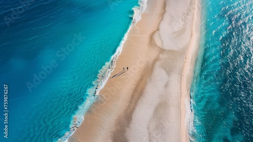 An aerial view captures two people walking along a narrow strip of sand between turquoise ocean waters and a sandy shore.