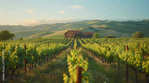 Morning sun rays bathe a Tuscan vineyard, highlighting the lush green vines and an old rustic farmhouse.