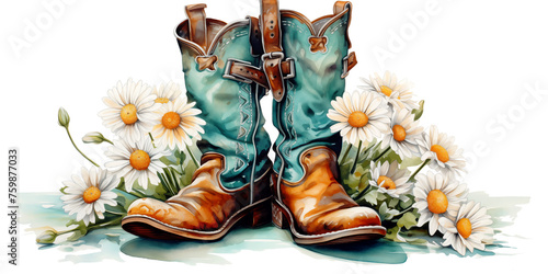 turquoise cowboy boots with a Shasta daisy floral bouquet in a side view PNG, in a Country decor-themed, isolated, and transparent watercolor illustration. Generative ai