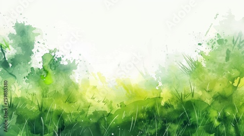 Watercolor Painting of a Green Field with Trees and Fog on a White Background