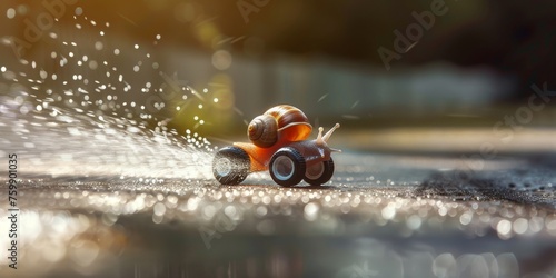 A snail racing on a miniature motorbike, leaving a shimmering trail on a racetrack