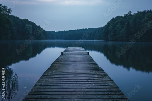 Wooden Dock in the Middle of a Lake, A rustic, wooden fishing pier stretching out into a serene lake at dusk, AI Generated