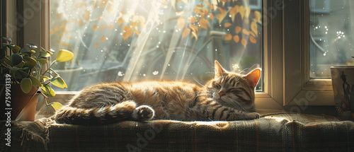 A serene room is transformed into a sanctuary of peace as a cat awakens from its slumber