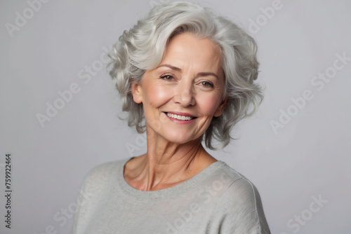 Lebensfrohe Seniorin mit stilvollem grauem Haar und strahlendem Lächeln