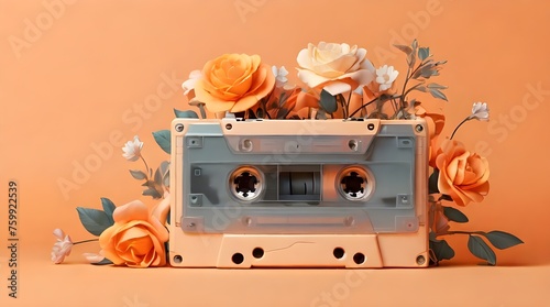 Retro music cassette covered with flowers on orange background. Retro party 80's banner, cover or invitation card with cassette tape. Old style vector poster. Eighties 80's Party. Cassette Stor