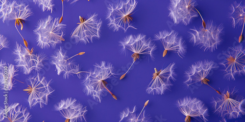 Beautiful Dandelions Scattered in the Breeze on Vibrant Purple Background, Top View Flat Lay Concept