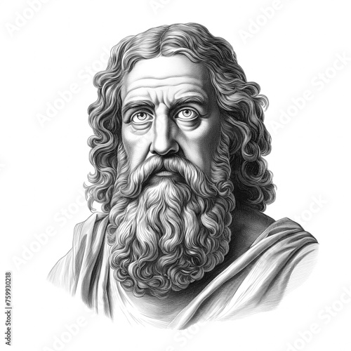 Black and white vintage engraving, close-up headshot portrait of Plato, the famous historical ancient Greek philosopher of the Classical period, white background, greyscale