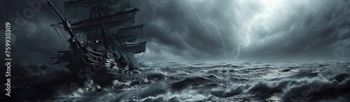 18th 19th 20th Century Man of War Ship, hurricane storm
