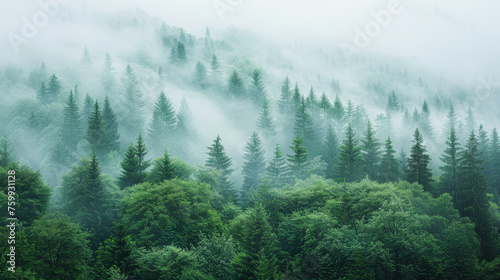 A forest with a thick canopy of trees, and the sky is overcast. The trees are lush and green, and the misty atmosphere gives the scene a serene and peaceful mood